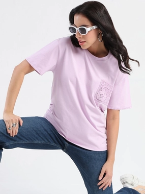 Madame Pocket Detailed Solid Mauve Cotton Blend T-shirt Performance Stretch ColorfastFabricTech