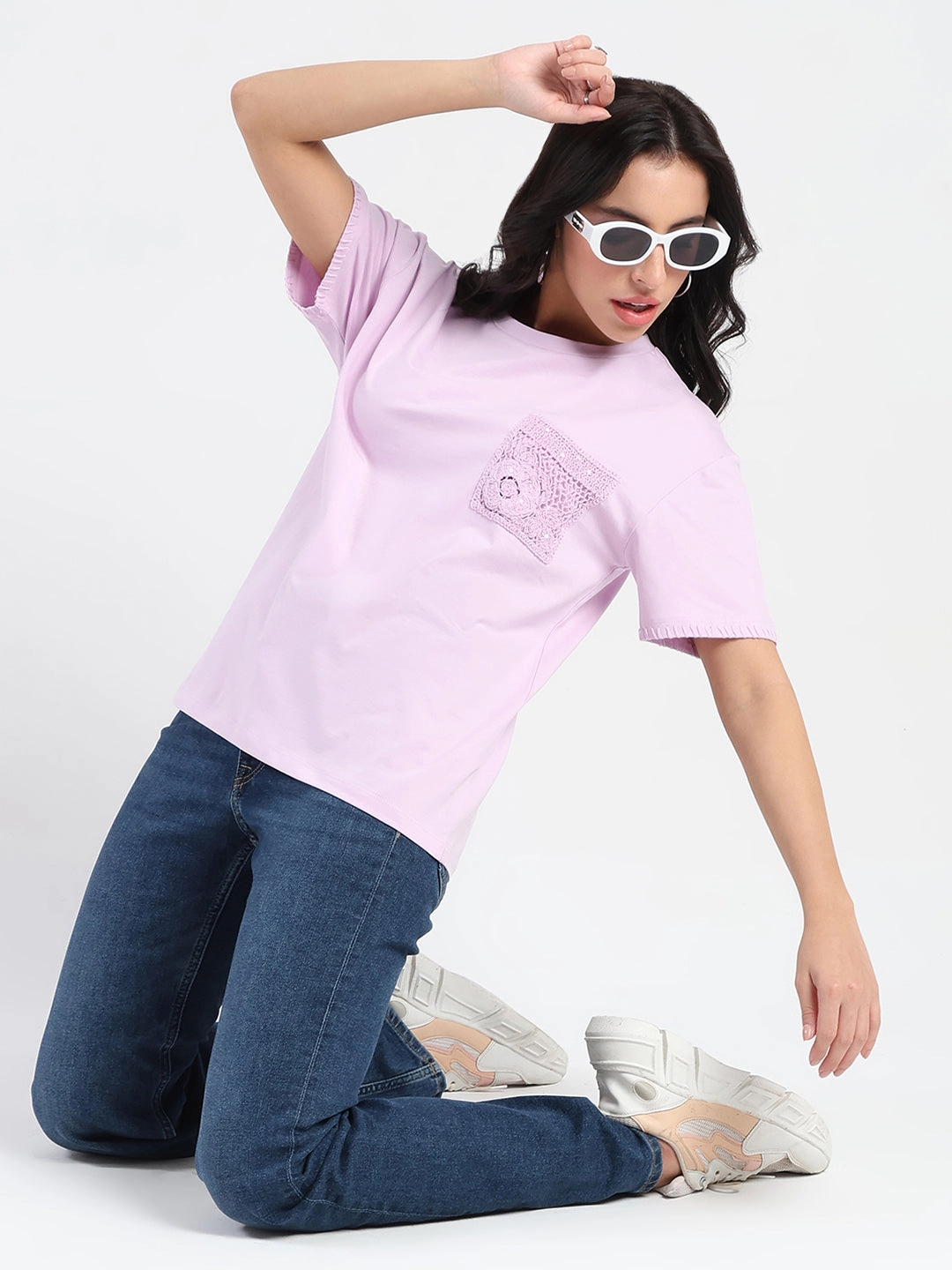 Madame Pocket Detailed Solid Mauve Cotton Blend T-shirt Non Iron Finish Light and Comfortable