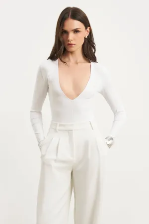 Longsleeve V Neck Plunge Bodysuit - White Ventilated Back Panels
