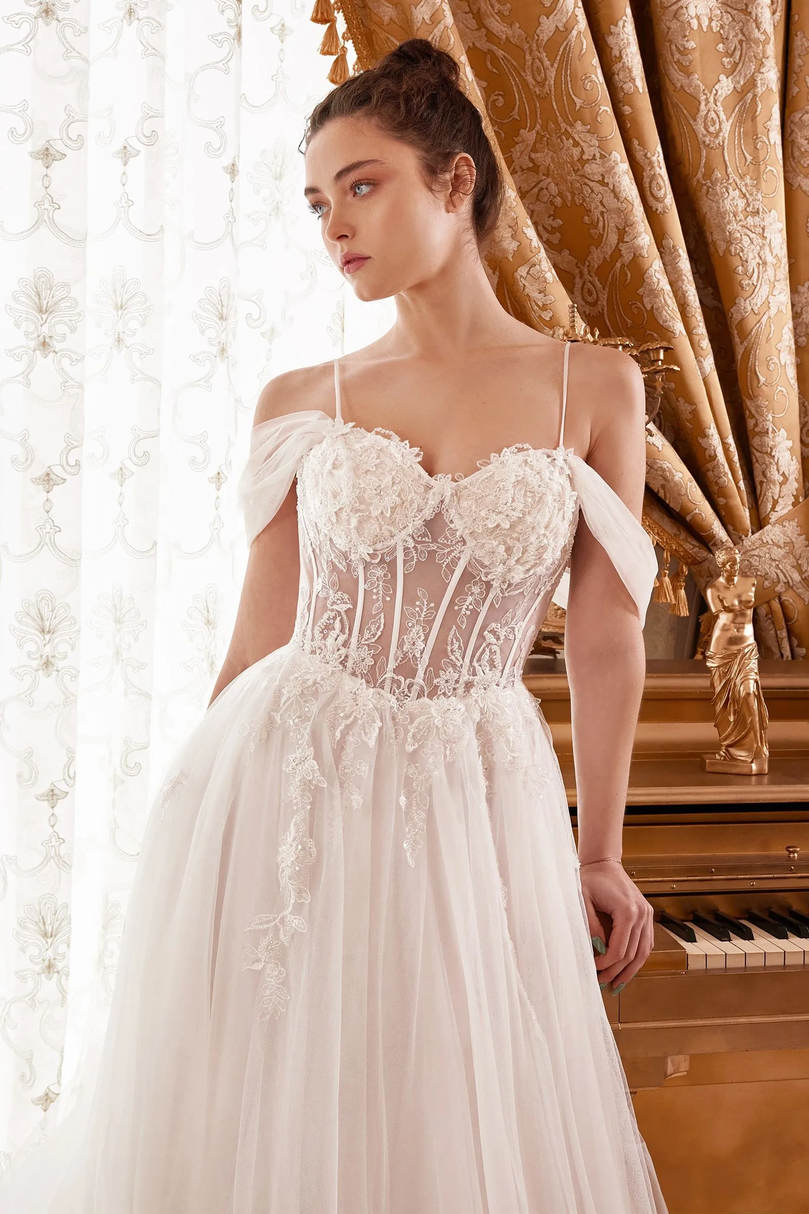 LAYERED TULLE A-LINE BRIDAL GOWN WITH CORSET BODICE CDWN307