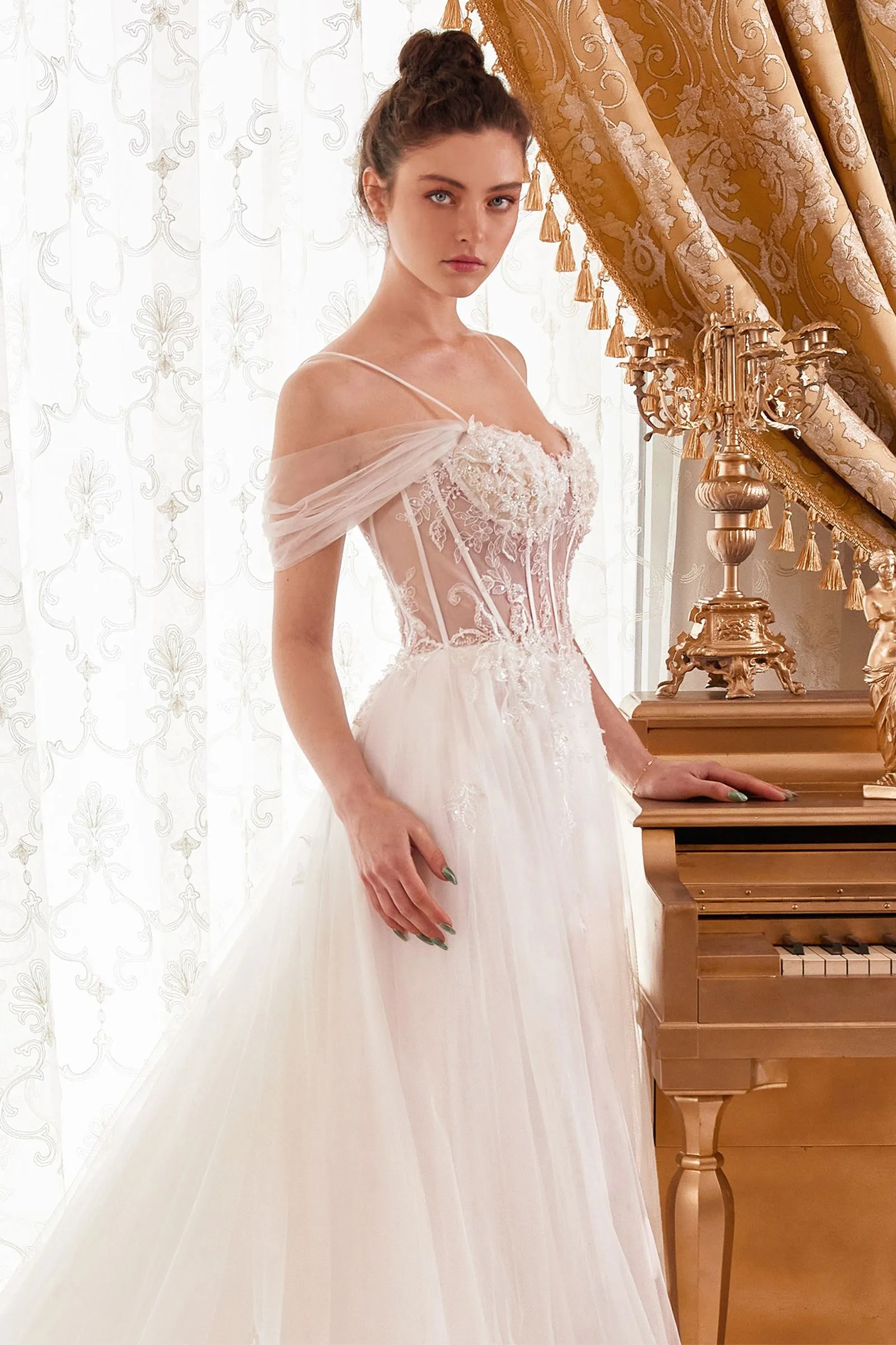 LAYERED TULLE A-LINE BRIDAL GOWN WITH CORSET BODICE CDWN307