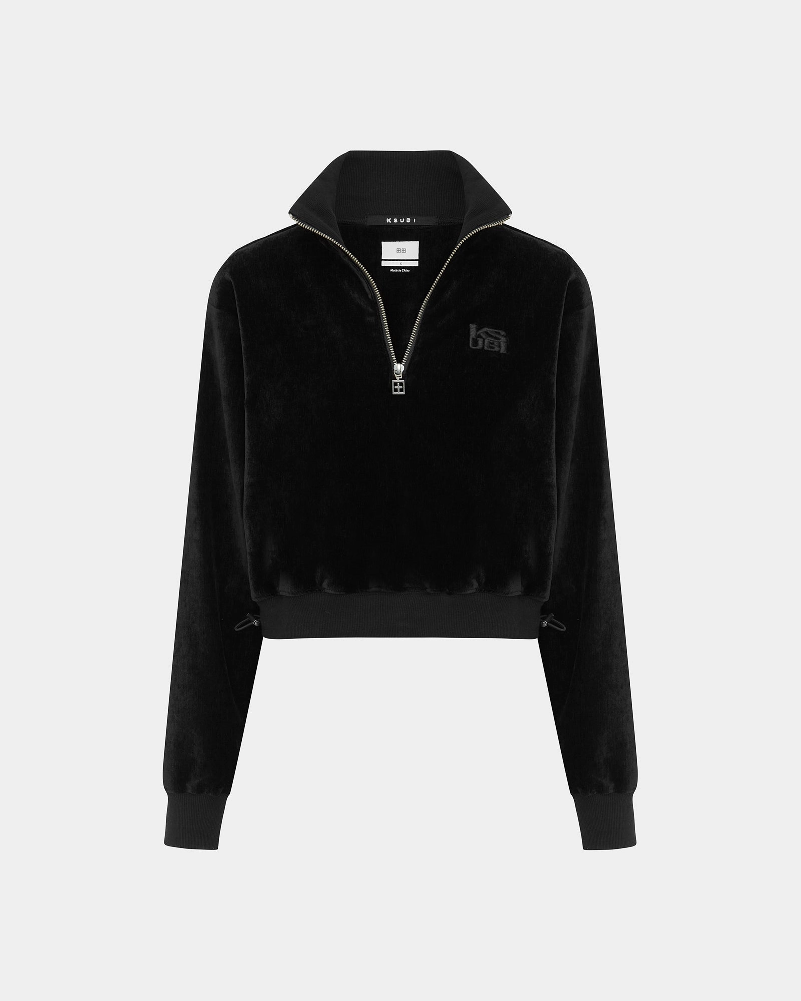RICHIE HALF ZIP CROP BLACK Layered Edging Hand Linked Seams