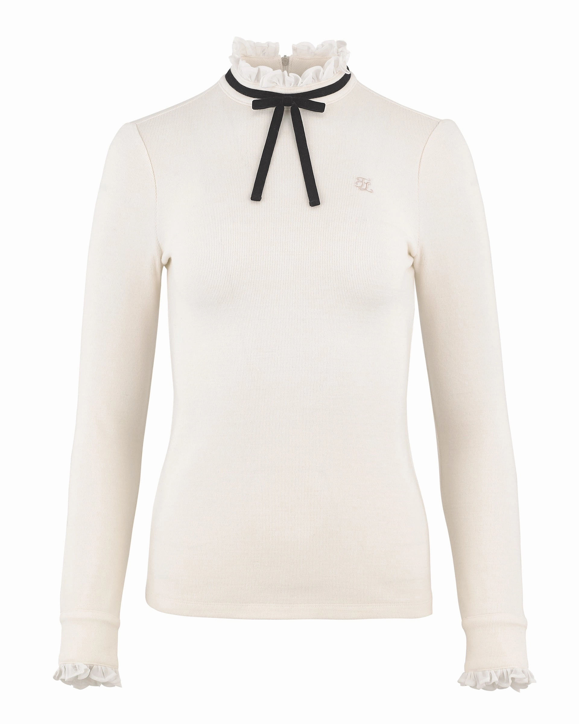 Flexible Knit Fabric Velvet ribbon pleated T-shirt - Cream