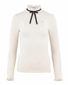 Flexible Knit Fabric Velvet ribbon pleated T-shirt - Cream