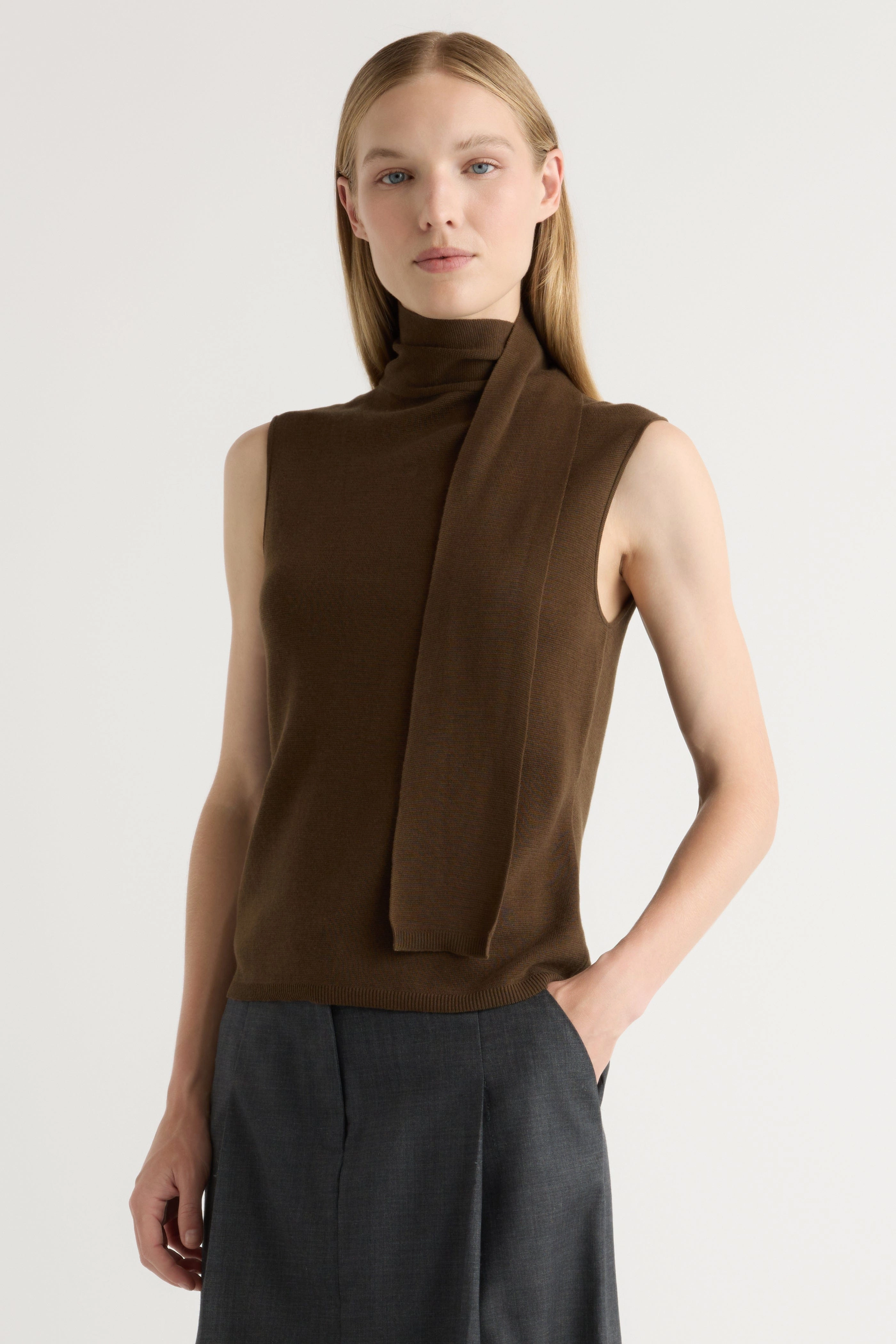 Demi Scarf-Neck Cotton-Silk Knit Top Glow In The Dark Accent Trim