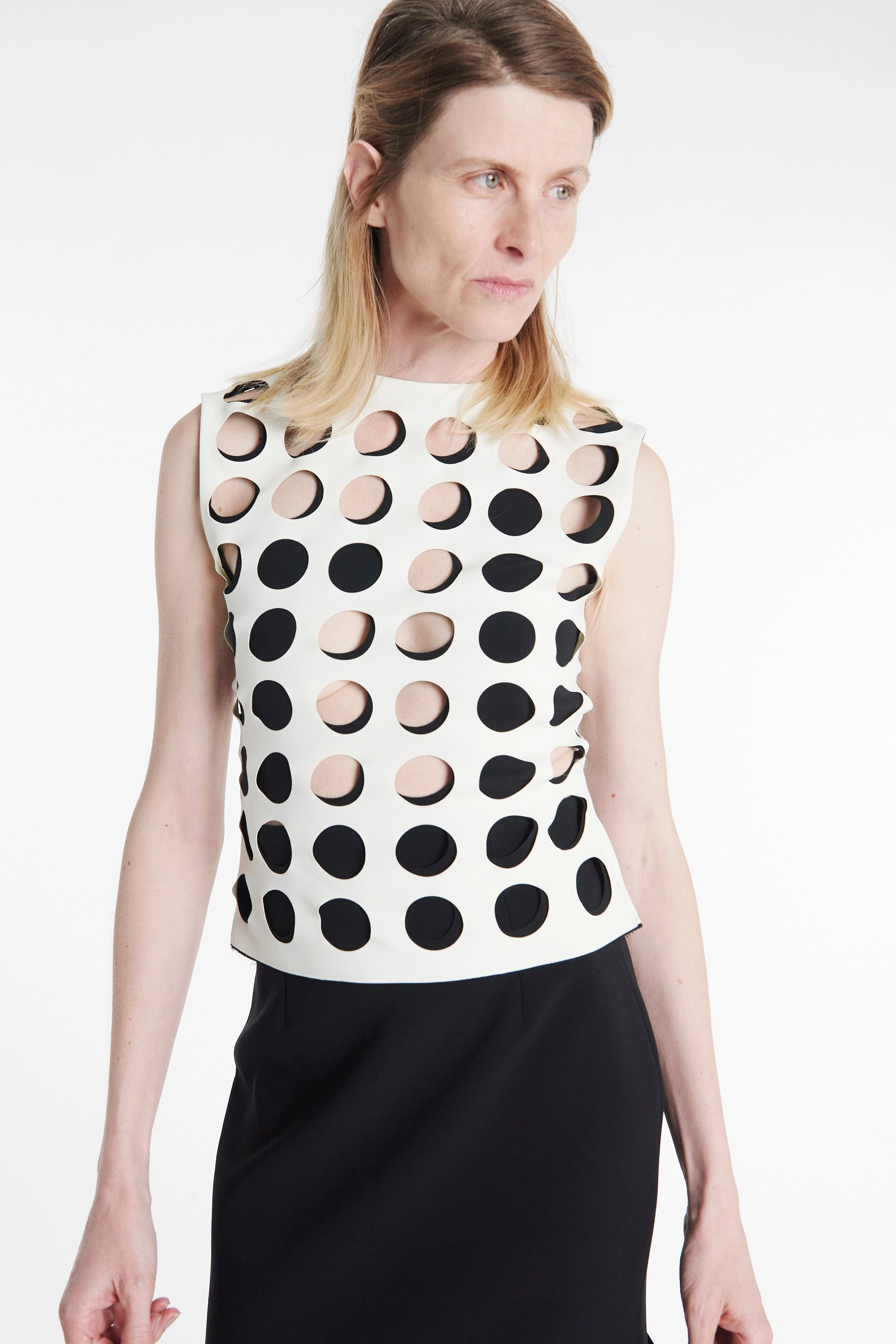 FrictionResistant Trim Top With Layered Circular Cutouts White Black