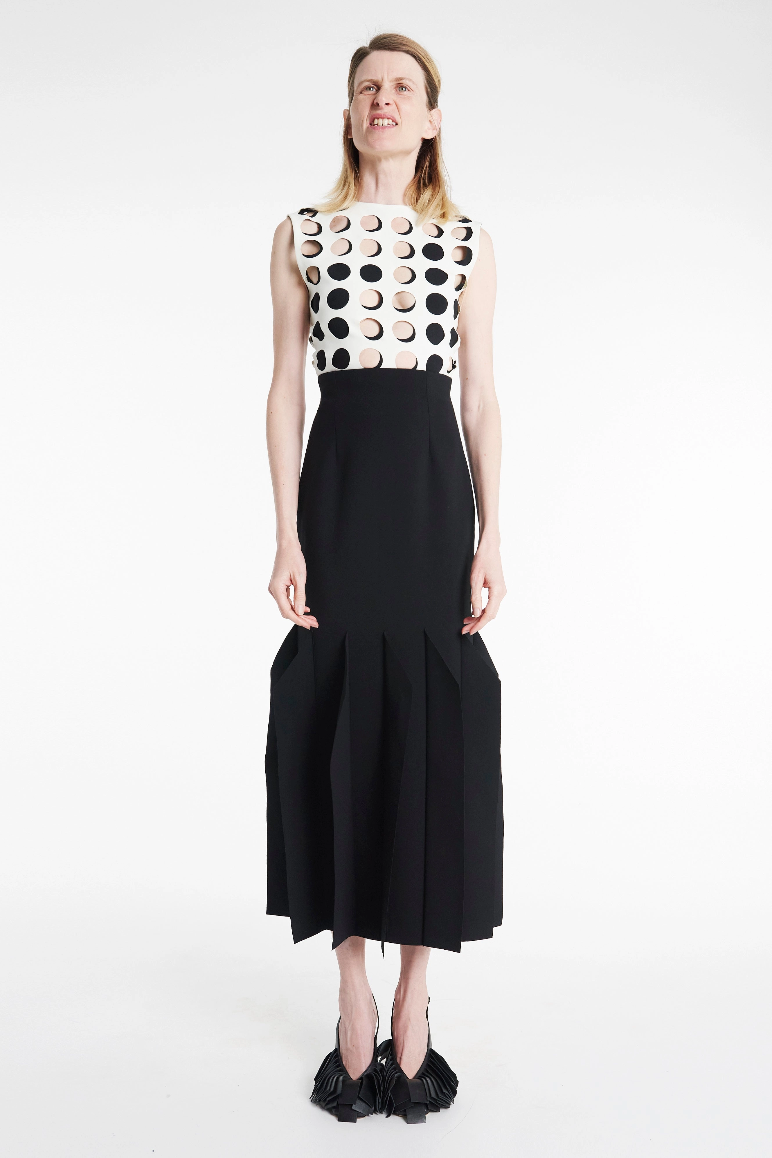 Top With Layered Circular Cutouts White Black WindproofBarrierTechnology Bold Design