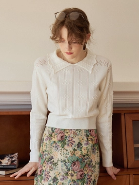 Jasmine Cable Polo White Knit Sweater Flatlock stitching