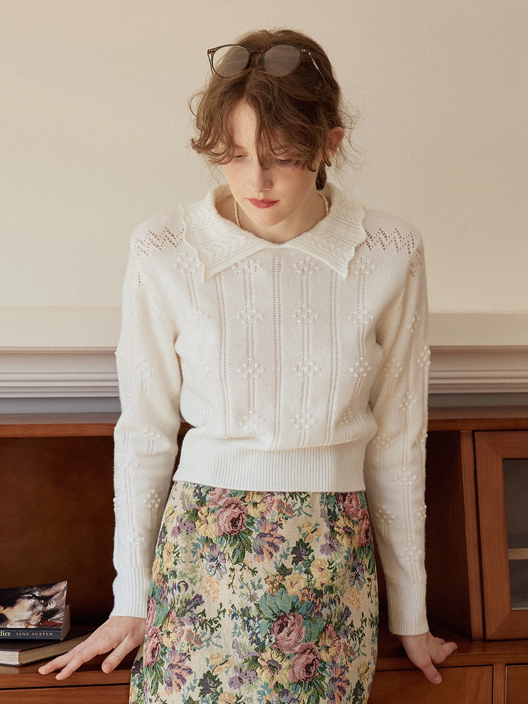 Fashion Fit Jasmine Cable Polo White Knit Sweater