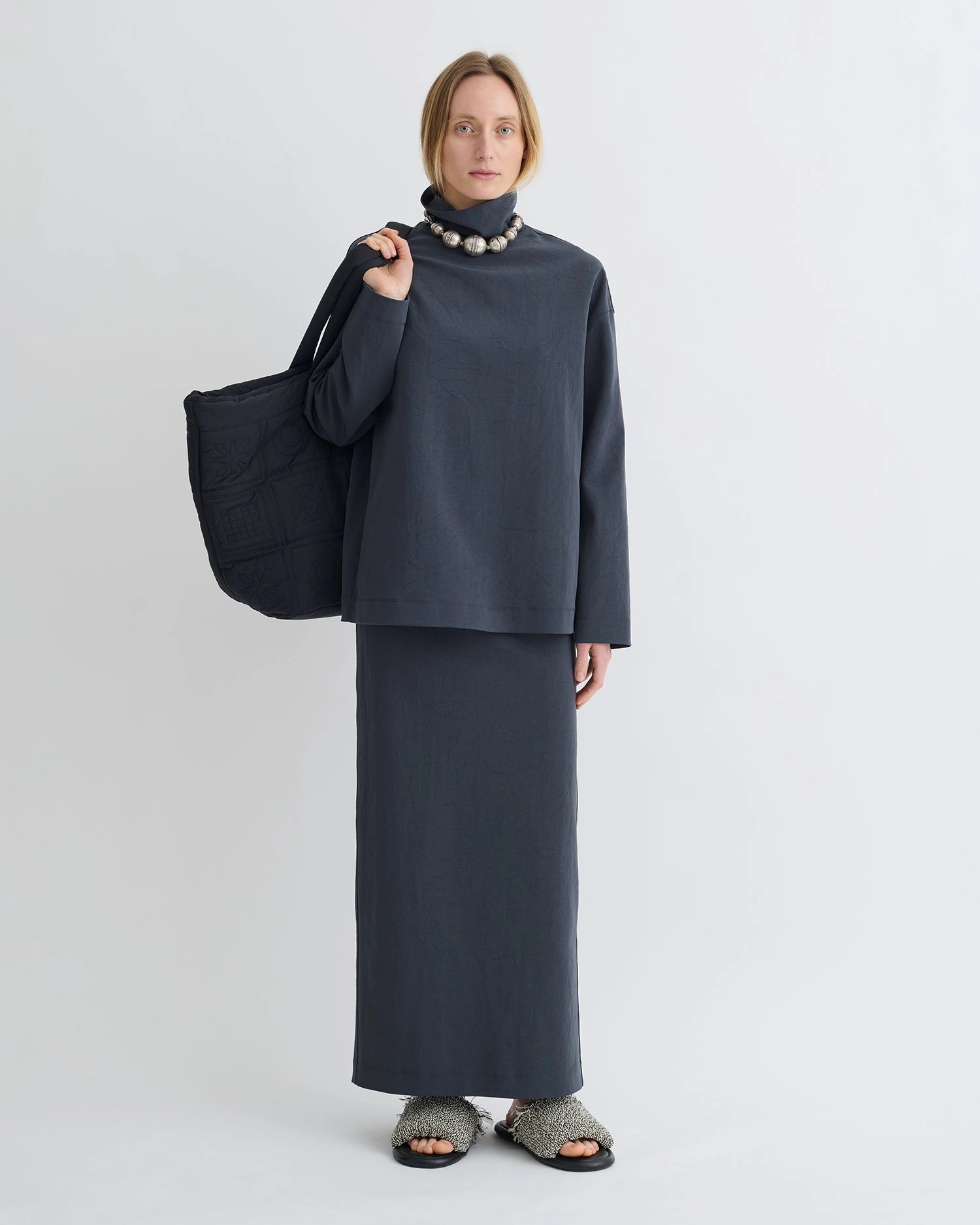 Sitara - Paper Jersey Turtleneck Top - Dusty Blue WideNeckline Summer Style