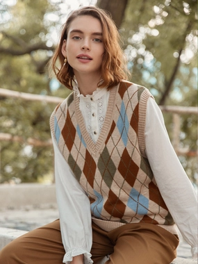 Layered Collar Option ??Final Sale??Jolene Argyle Patterned Knit Vest Sweater