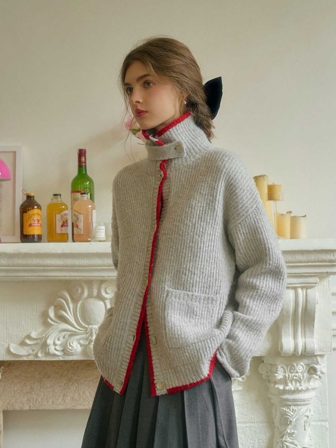 Ellis Lapel Contrasting Pocket Wool Cardigan - Blue Flexible Side Gusset