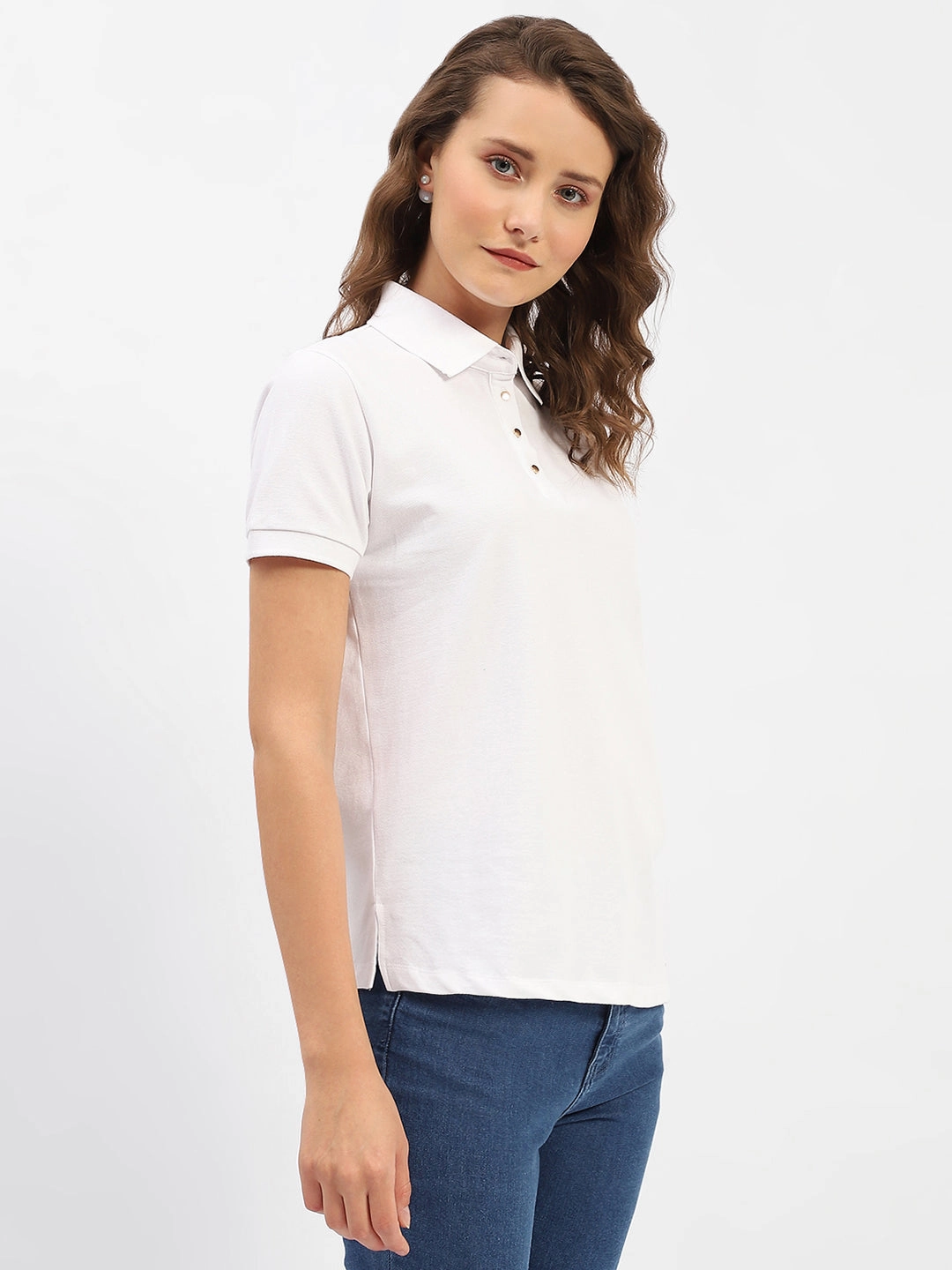 Madame White Polo Neck Solid Cotton T-Shirt Unique Design