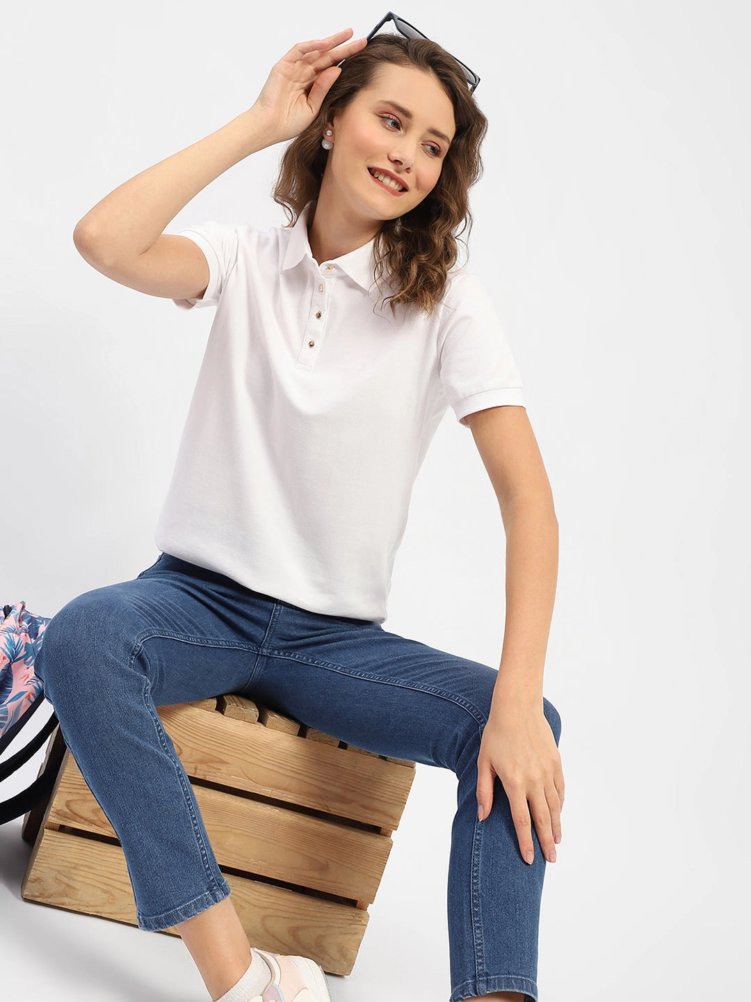 Madame White Polo Neck Solid Cotton T-Shirt waterproof