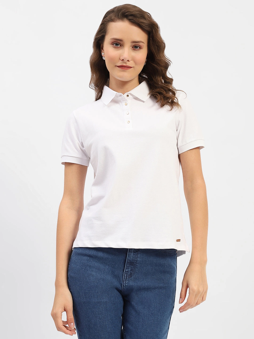 Madame White Polo Neck Solid Cotton T-Shirt Layered Neckline Fit For Comfort