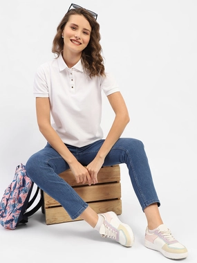 Madame White Polo Neck Solid Cotton T-Shirt Comfort Stretch Fit Essential Top