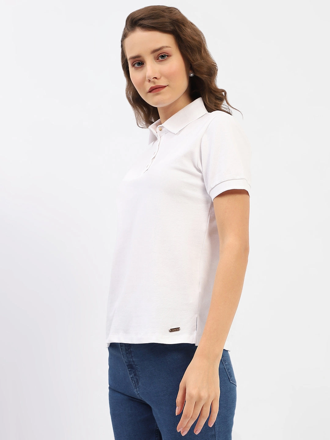 Madame White Polo Neck Solid Cotton T-Shirt Adaptable