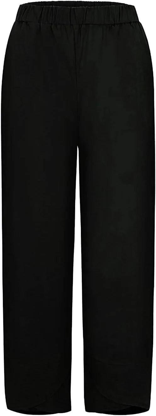 LCMTWX Womens Wide Leg Pants Summer Elastic High Waist Linen Pants Straight Leg Wide Leg Cropped Pants Cotton Pants Petite