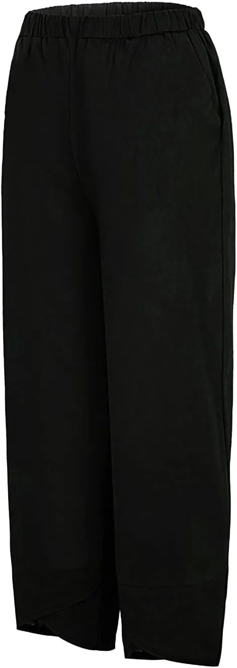 LCMTWX Womens Wide Leg Pants Summer Elastic High Waist Linen Pants Straight Leg Wide Leg Cropped Pants Cotton Pants Petite