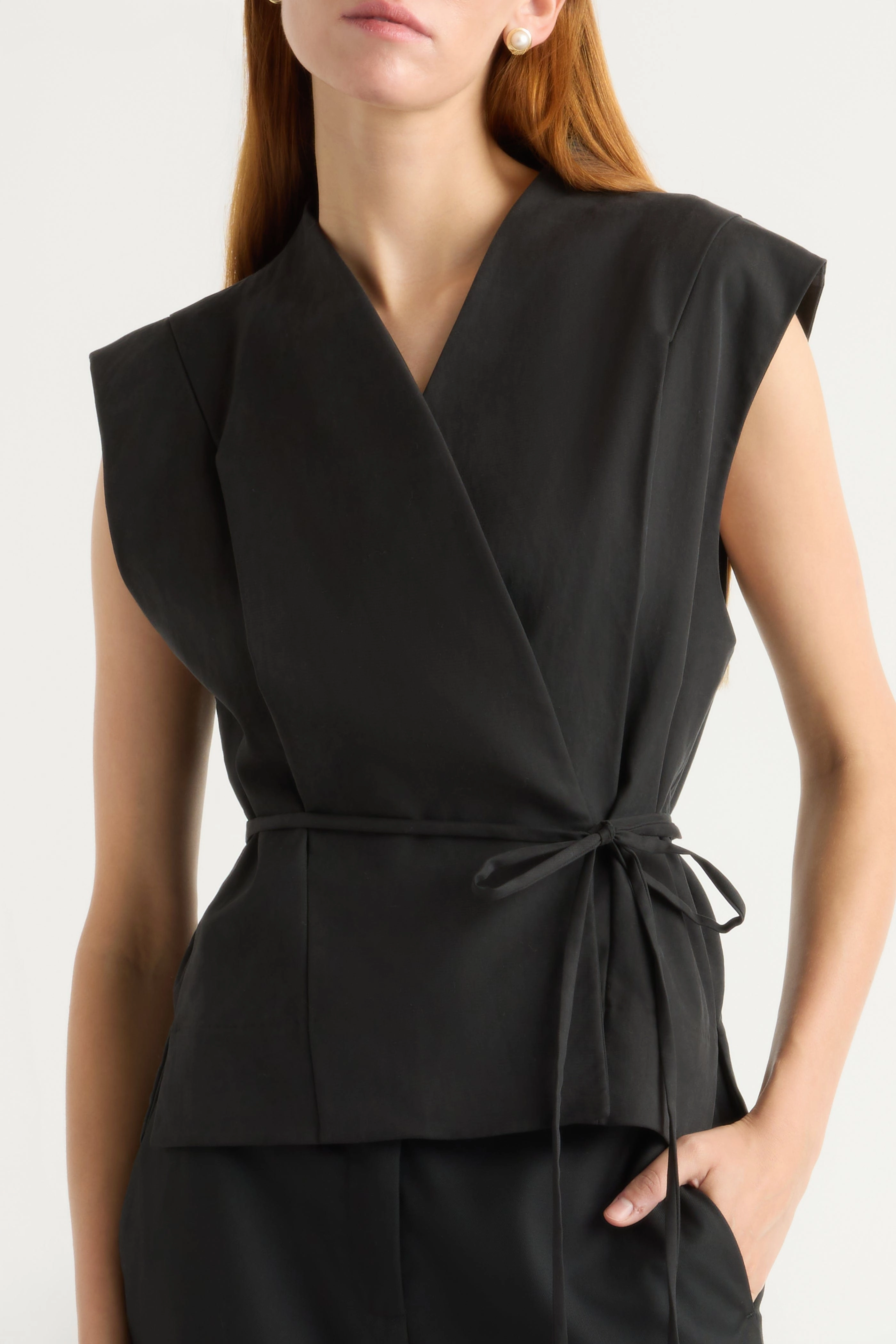 Ergonomic Shoulder Cut Hidden Button Placket Leandra Tencel-Blend Wrap Vest