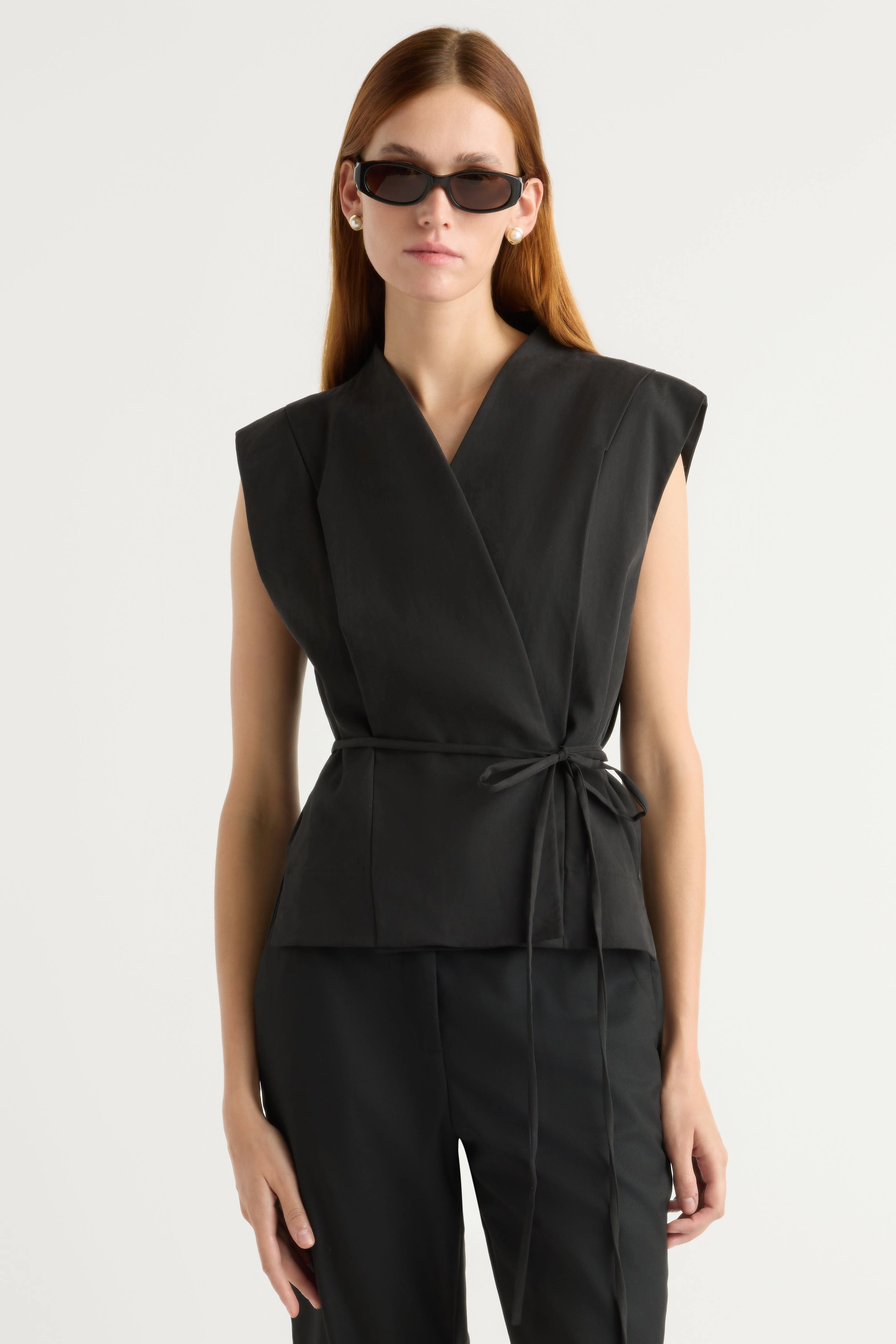 Leandra Tencel-Blend Wrap Vest HighNeckline