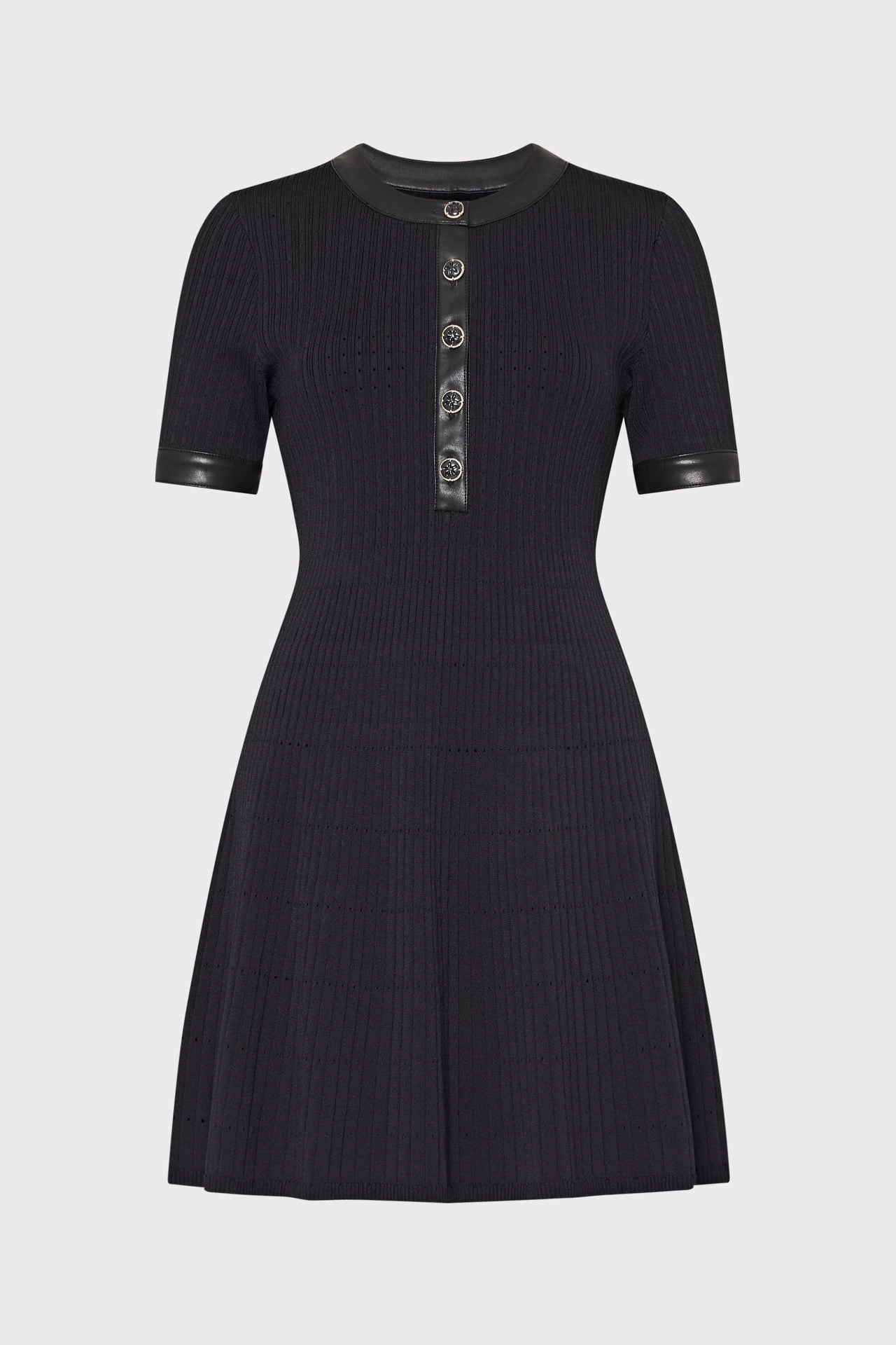 Leather Detail Flare Knit Mini Dress Compression Fit HighDensity Knit