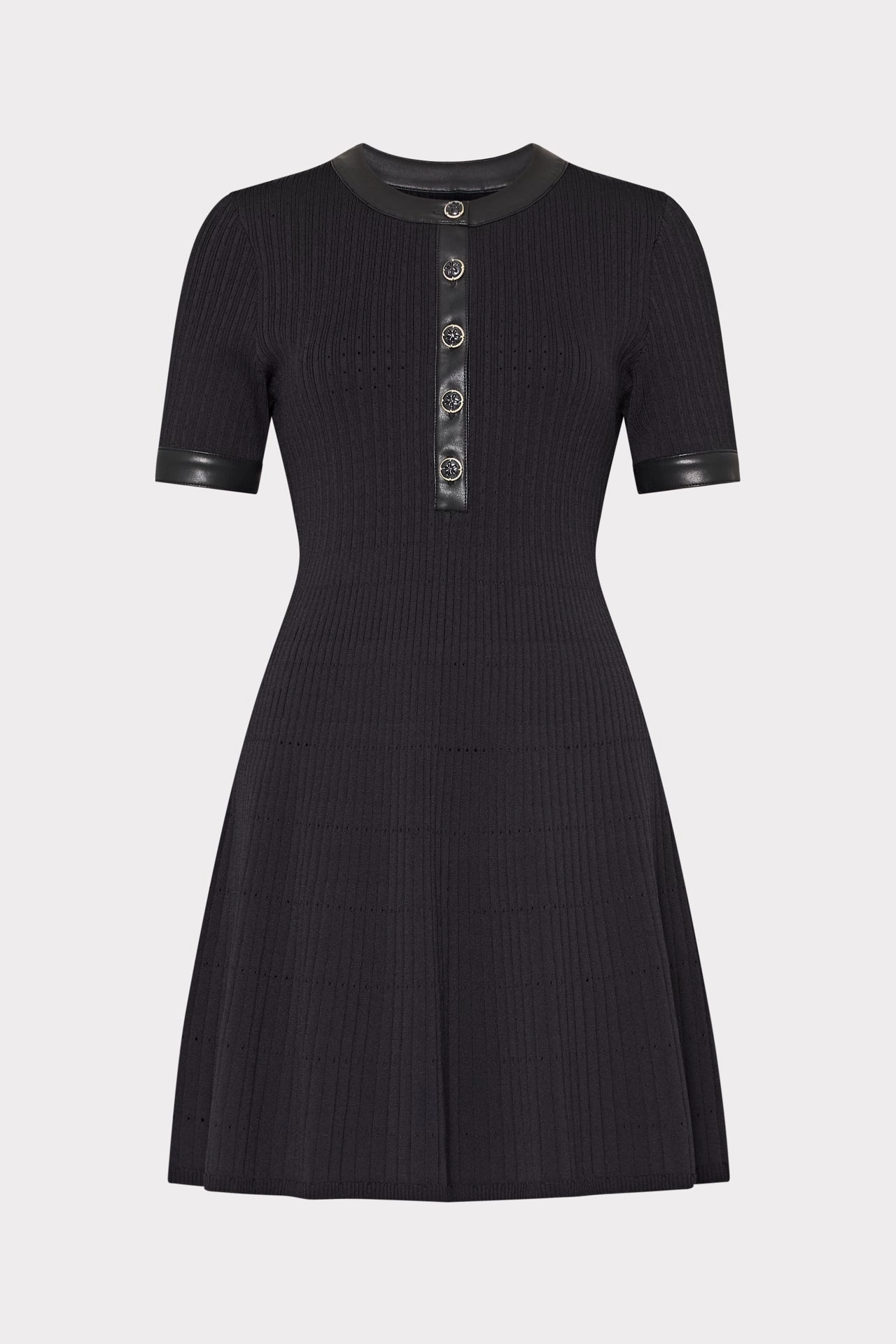Leather Detail Flare Knit Mini Dress Layered Knit Design Outer Comfort