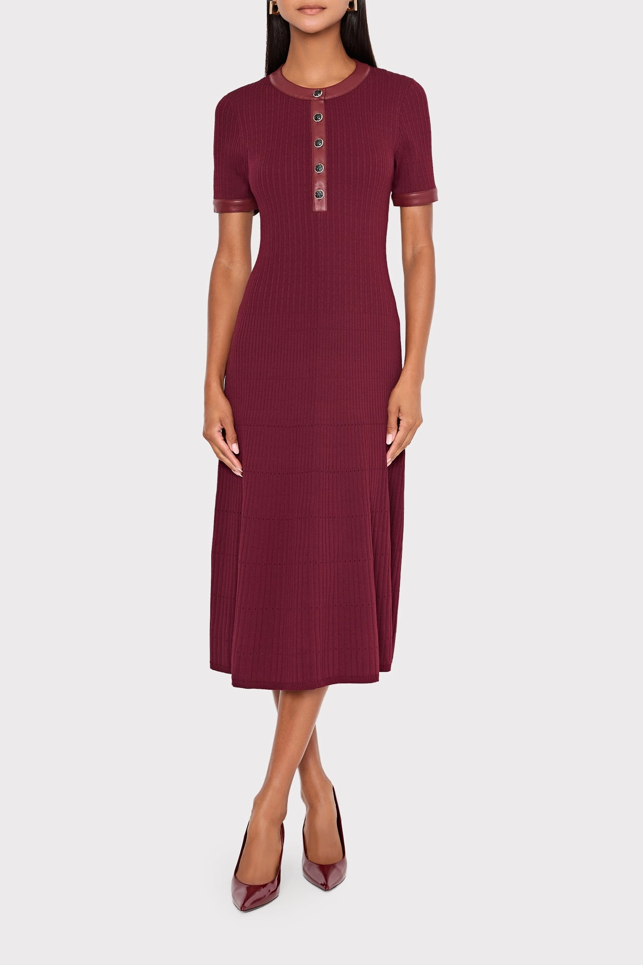 Classic Casual Flatlock Seam Construction Leather Detail Knit Midi Dress
