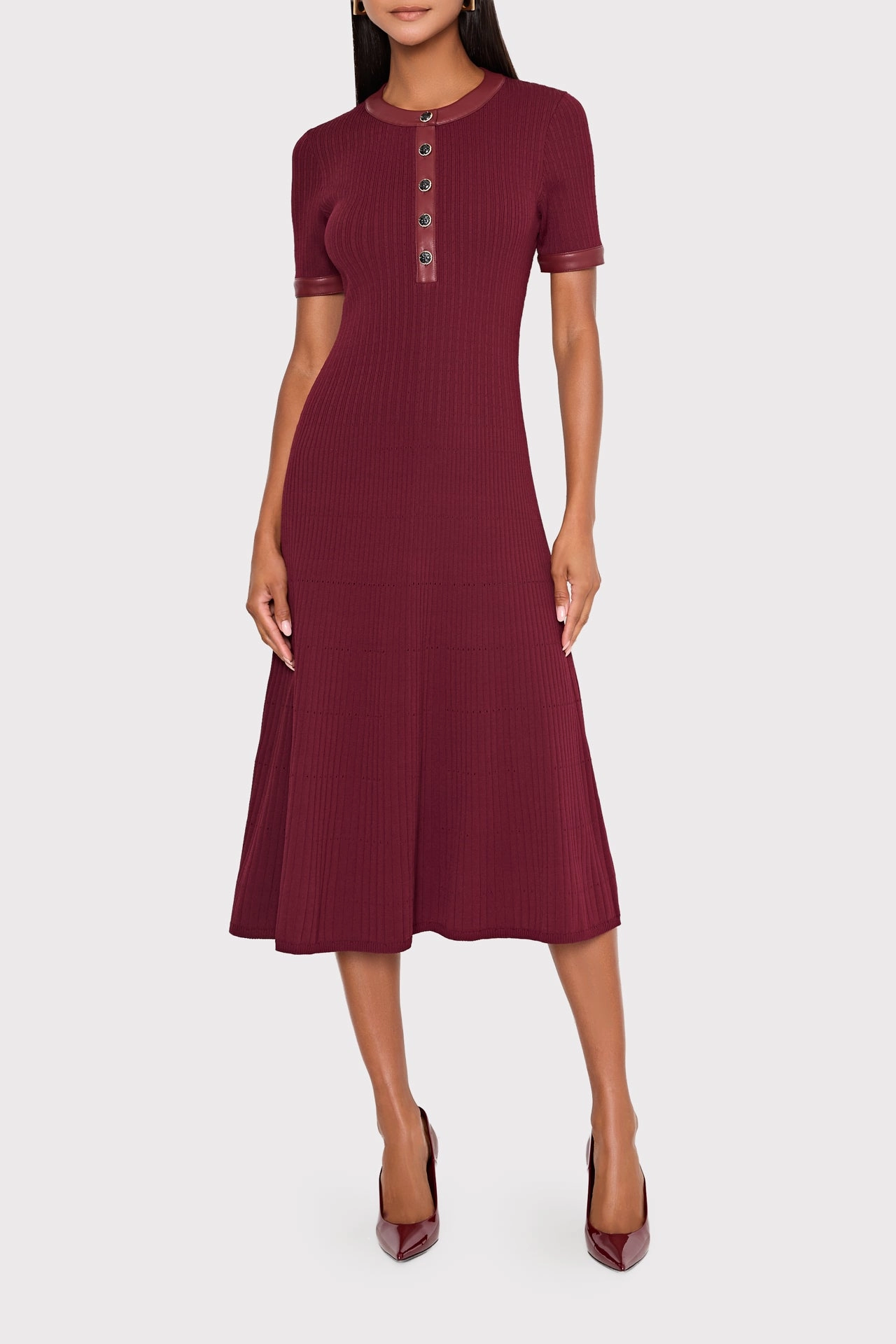 Fall Ready Slub Texture Leather Detail Knit Midi Dress