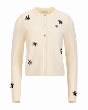 WrinkleFree Structure Trendy Shirt Leather flower trimmed cardigan - Cream