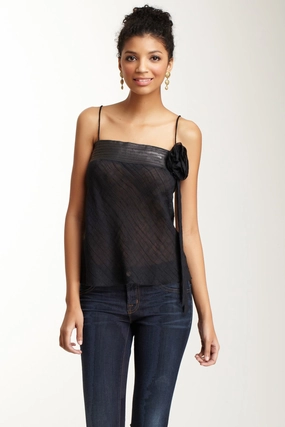 Leather Trimmed Crinckle Blouse- Black DoubleLayeredCollar QuickRelease Closures