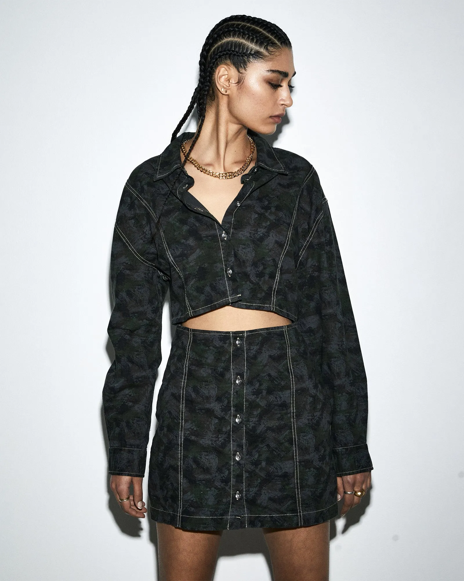 Relaxed Waist Fit Elegant Motion CUTOUT SHIRT DRESS CAMO