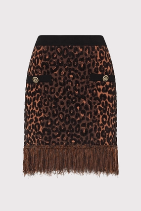 DoubleLayered Hem Leopard Fringe Knit Mini Skirt