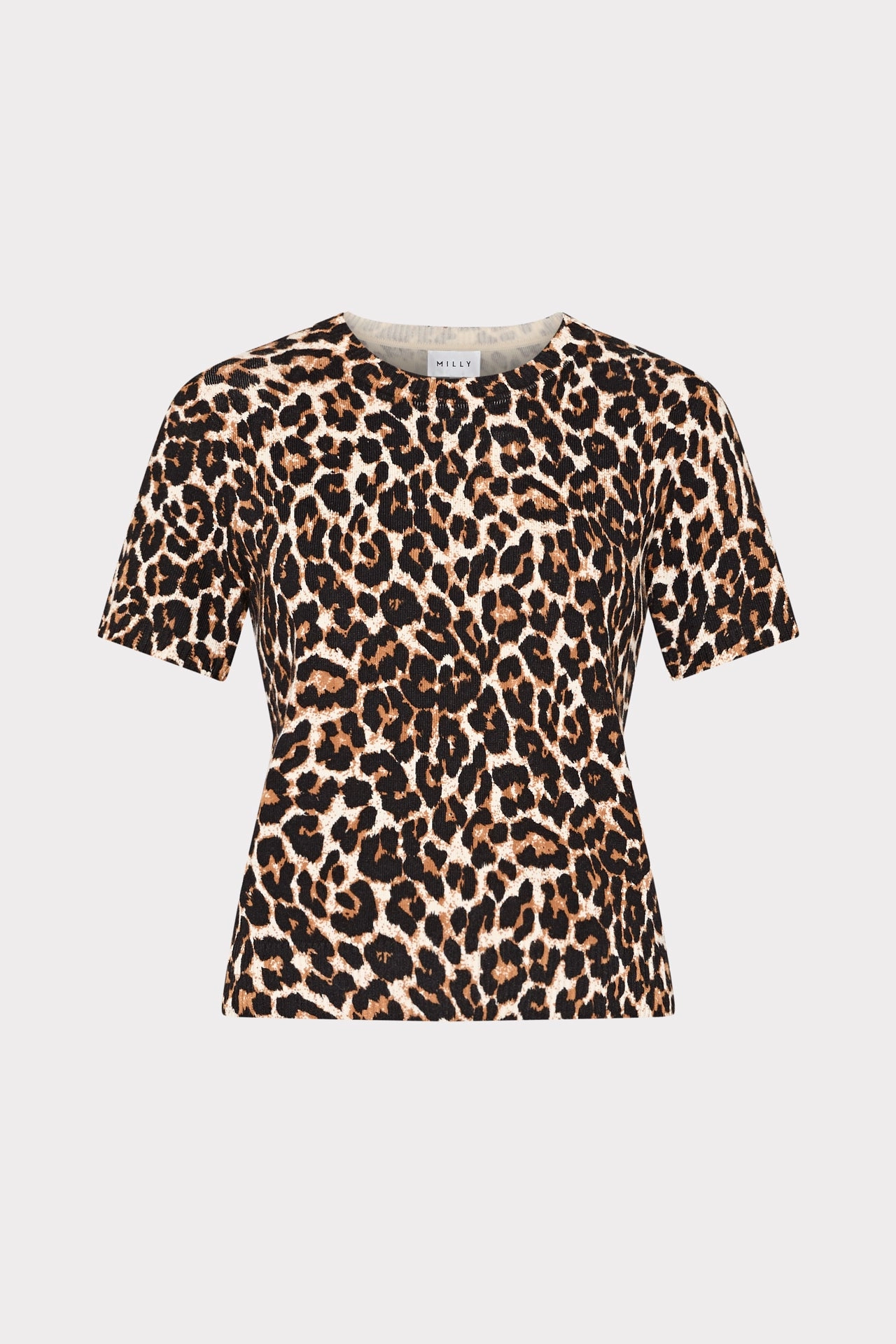 Leopard Print Short Sleeve Knit Top Temperature Regulating Lining