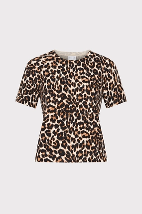 Leopard Print Short Sleeve Knit Top Temperature Regulating Lining