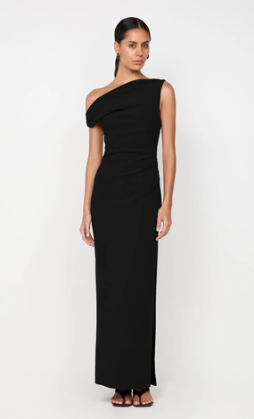 LEORA ASYM MAXI DRESS - BLACK Straight-Cut Contemporary Fit
