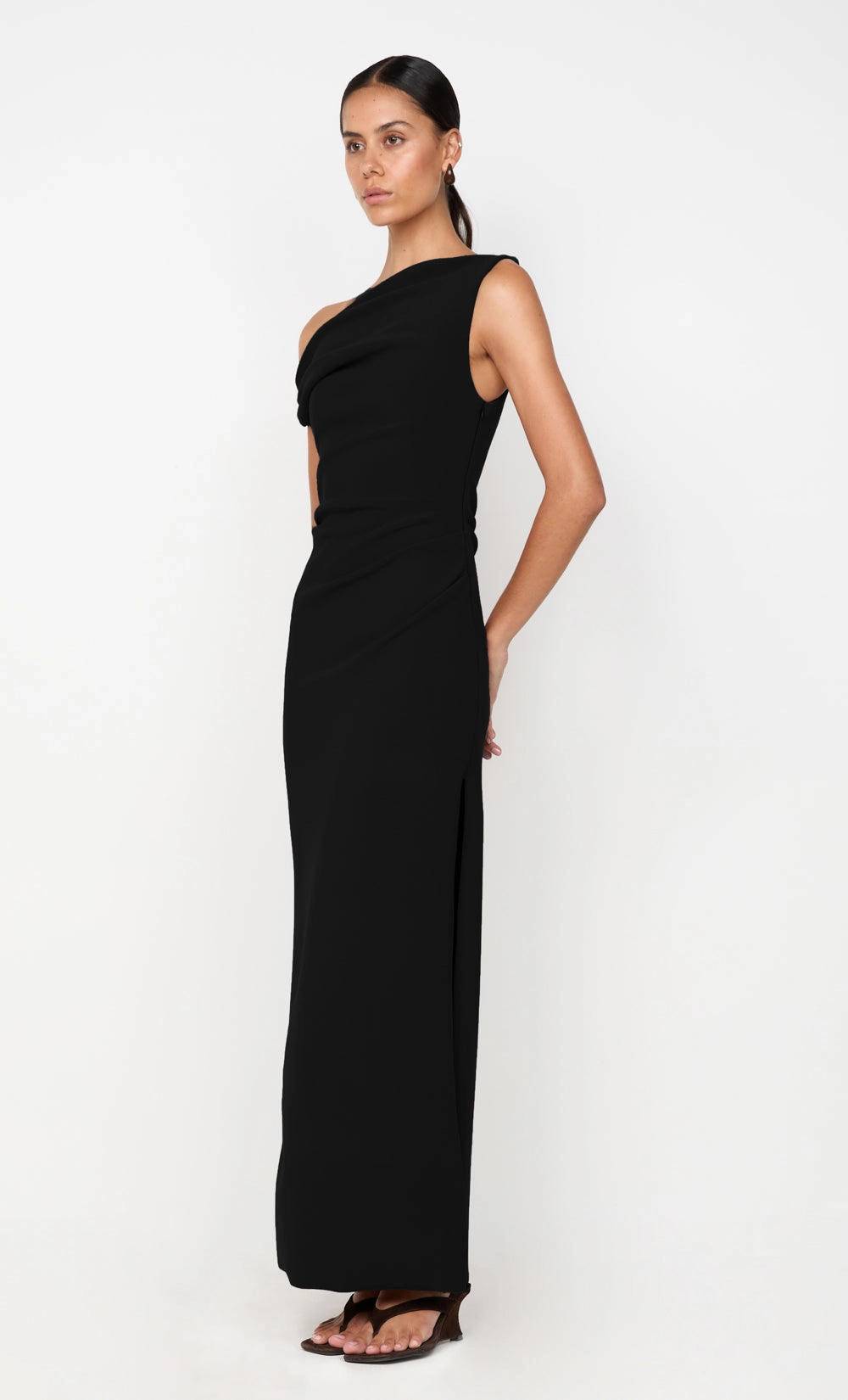 LEORA ASYM MAXI DRESS - BLACK Layered-Sleeve Tailored Fit