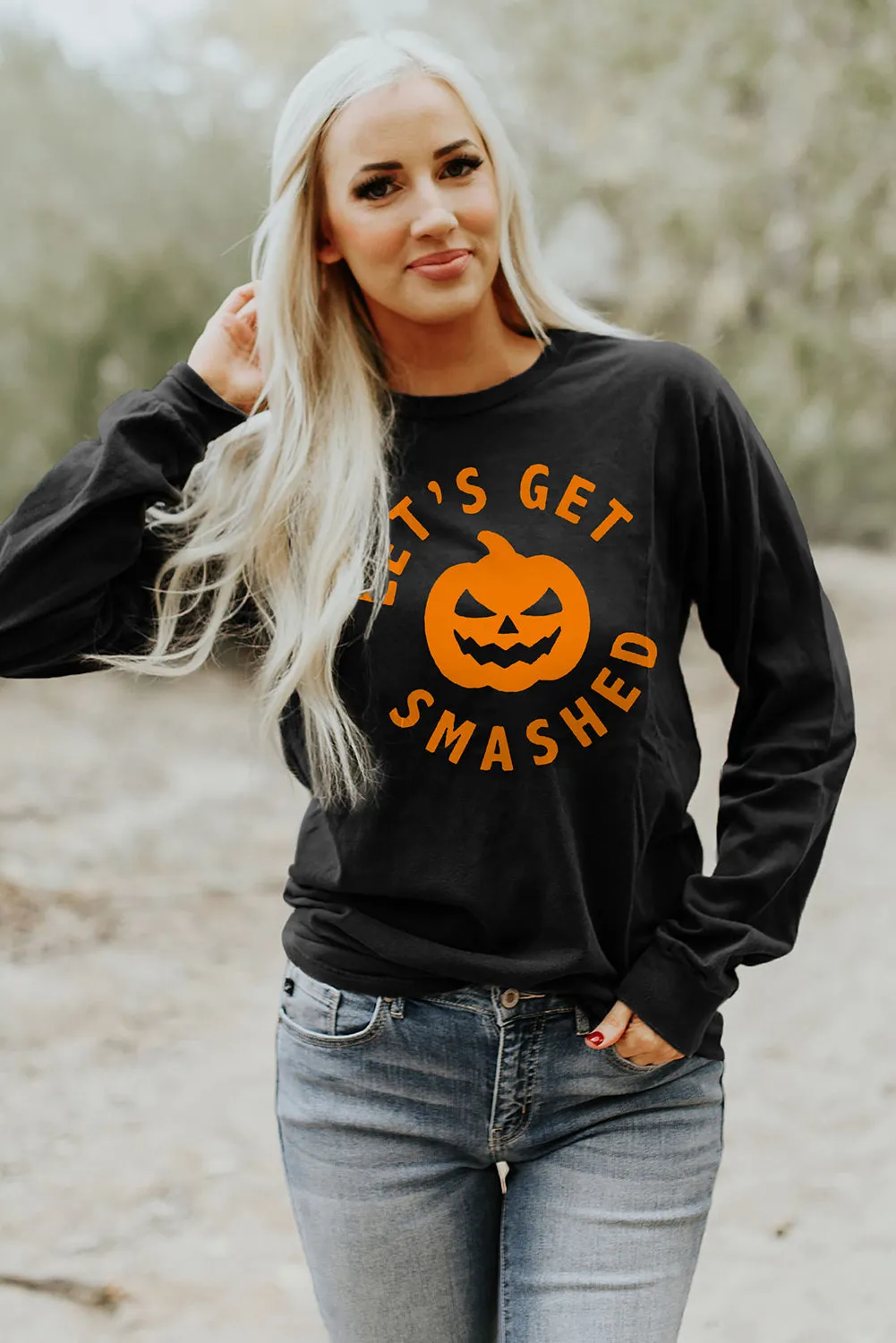 LET'S GET SMASHED Pumpkin Print Long Sleeve Top