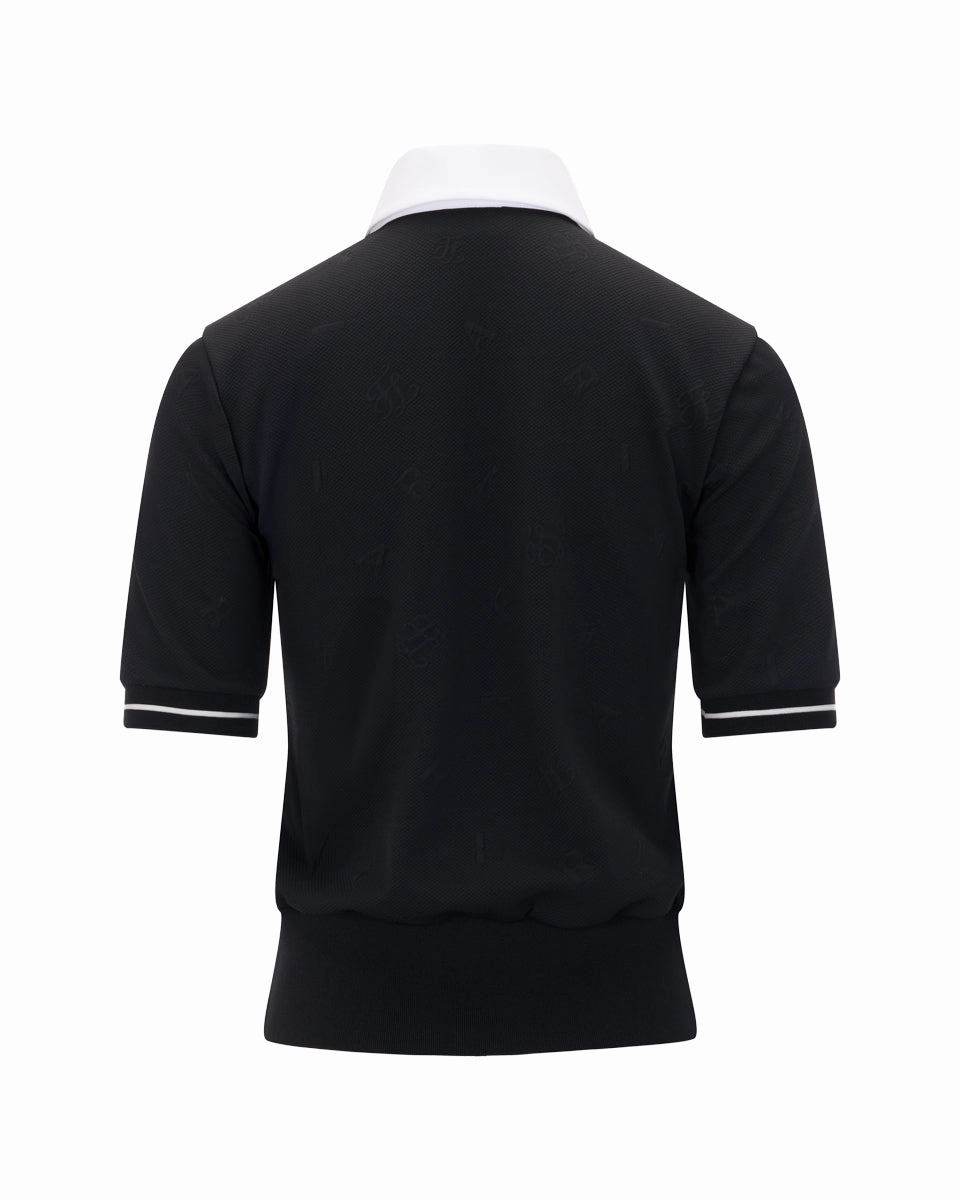 Button Down Collar Flatlock Seam lettering jacquard t-shirt - Black