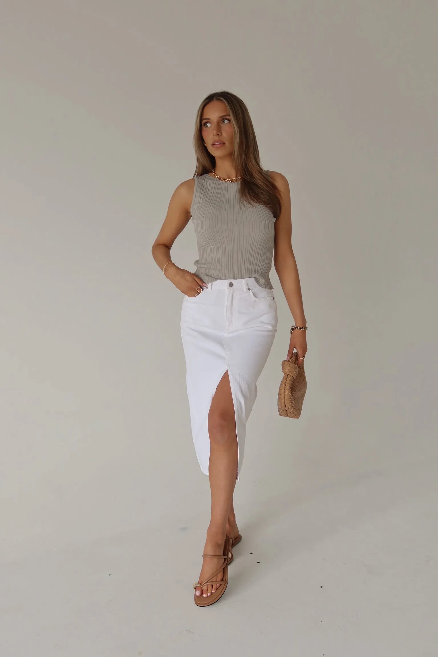 Lia Front Slit Denim Midi Skirt