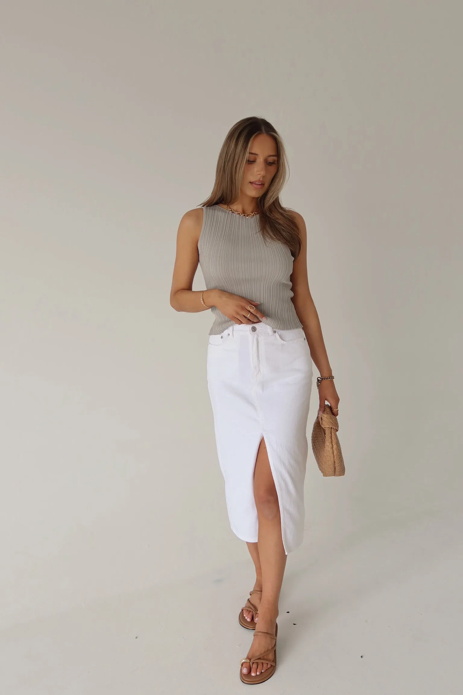 Lia Front Slit Denim Midi Skirt