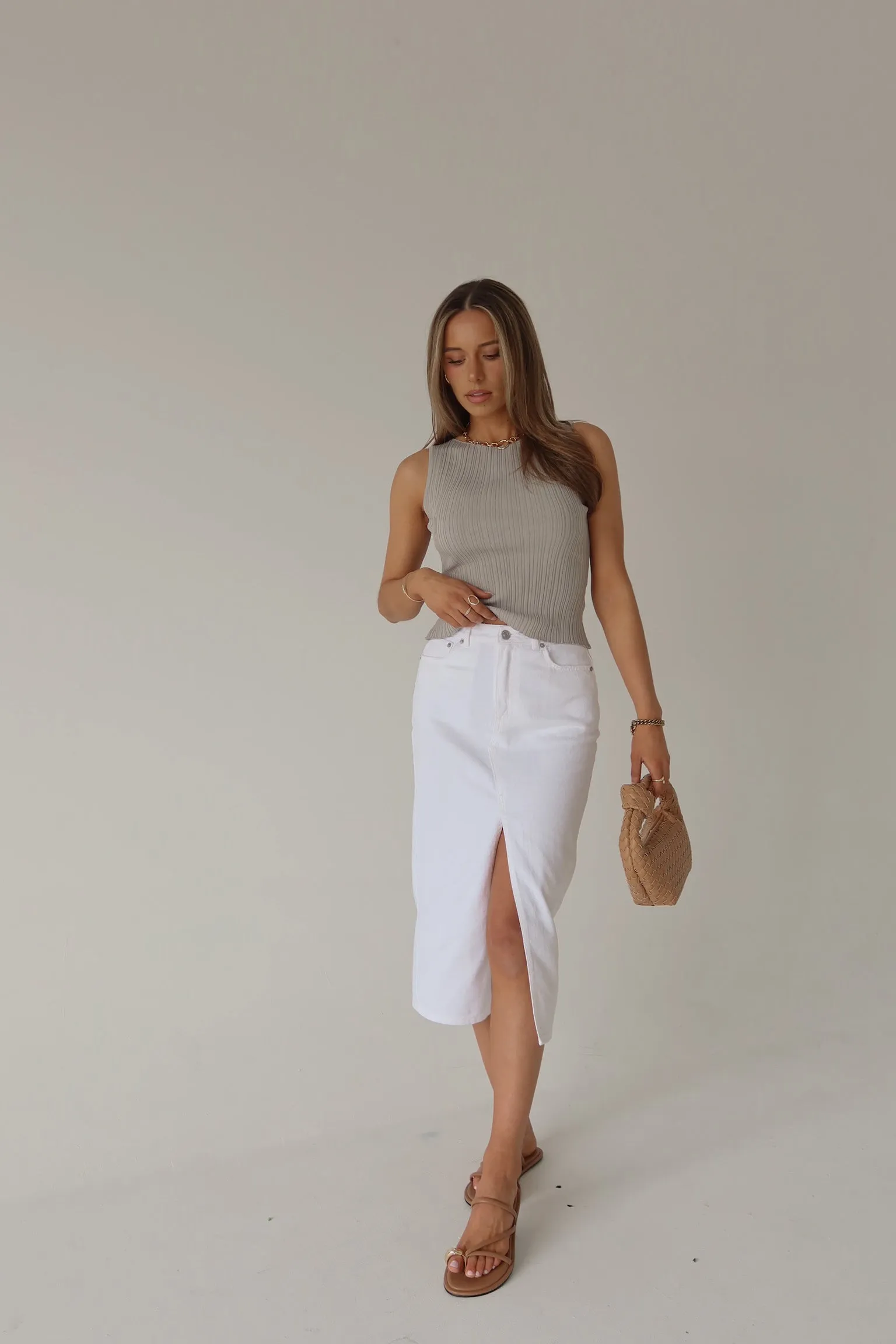 Lia Front Slit Denim Midi Skirt