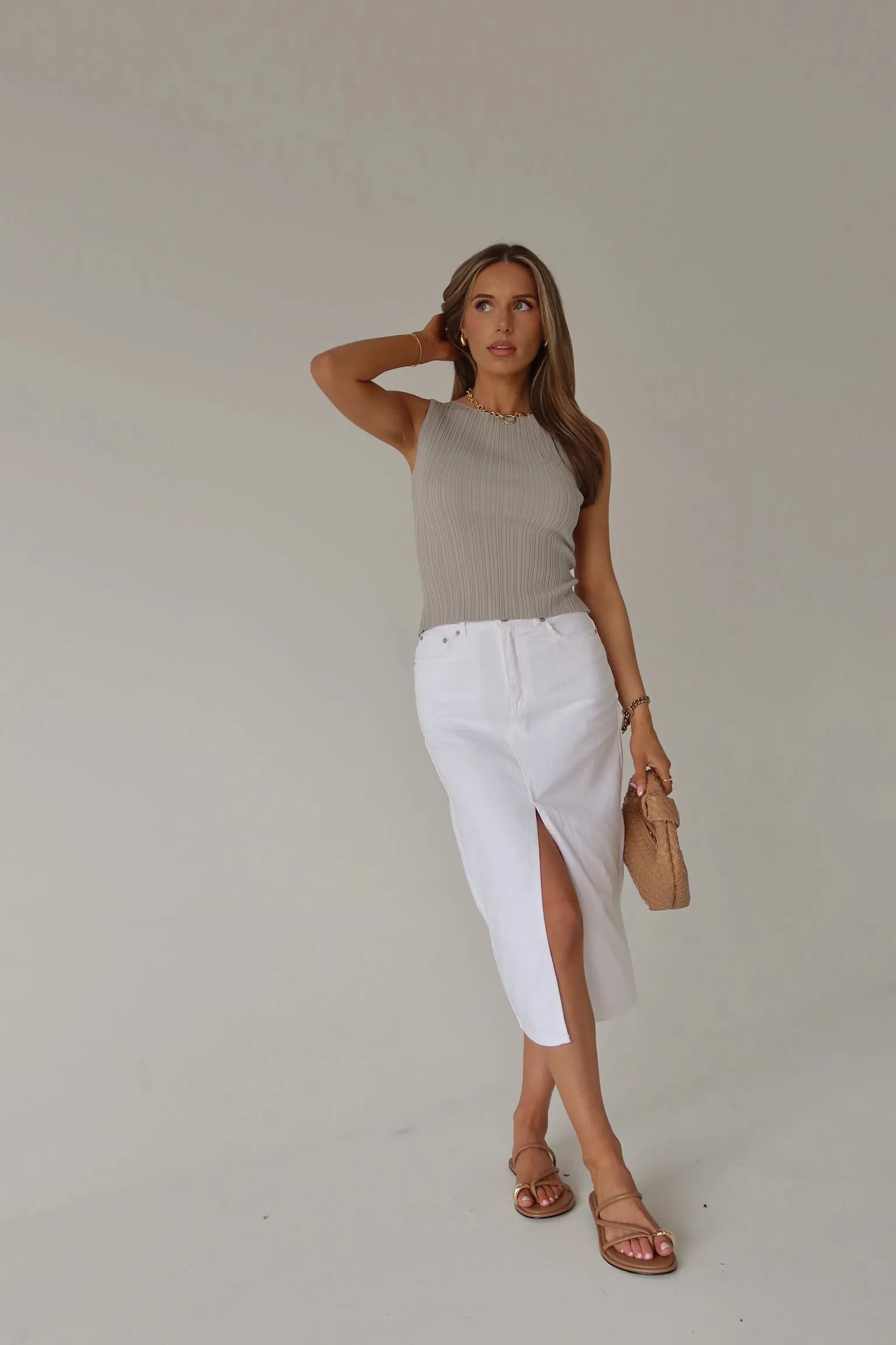 Lia Front Slit Denim Midi Skirt