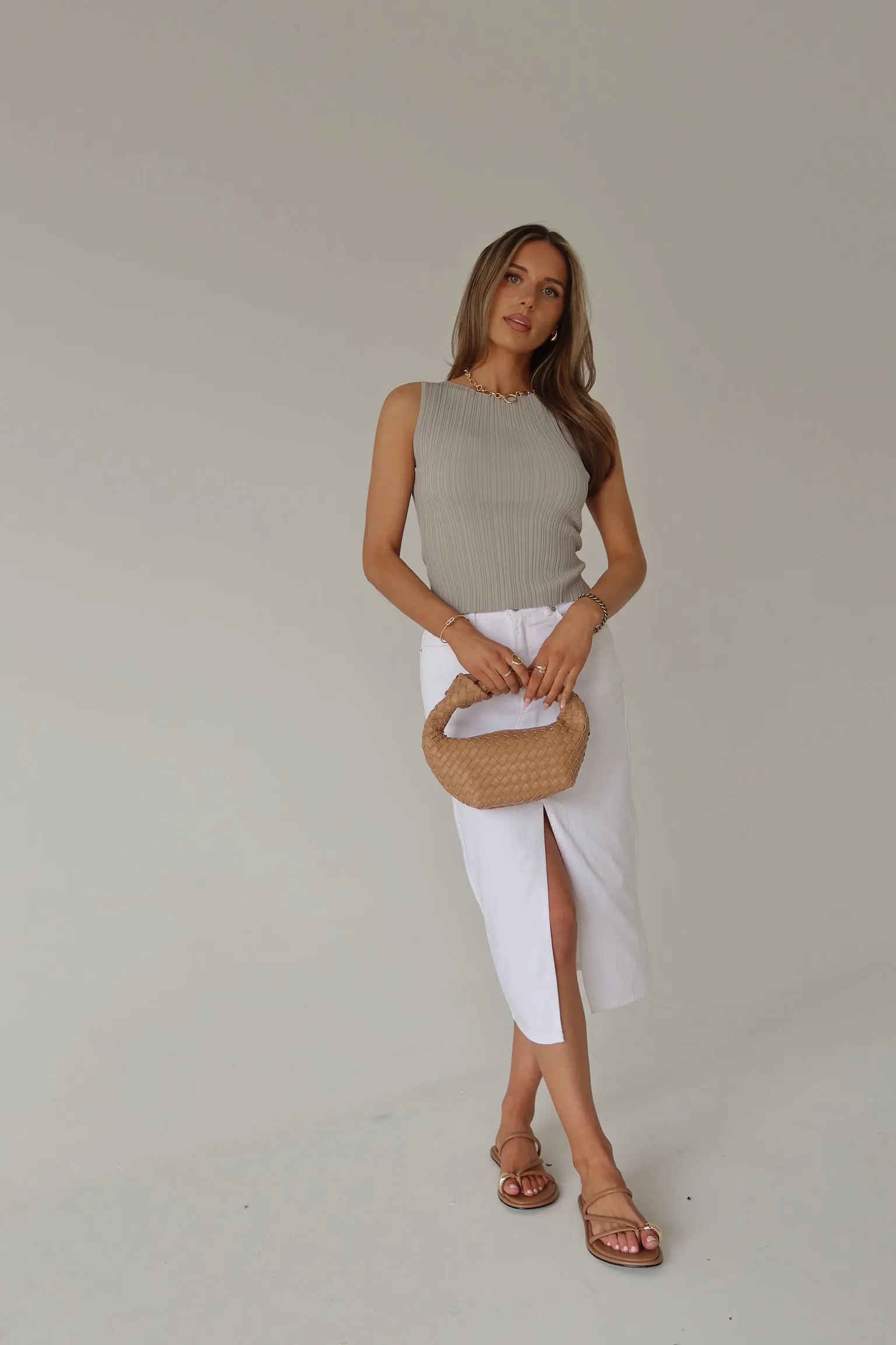 Lia Front Slit Denim Midi Skirt