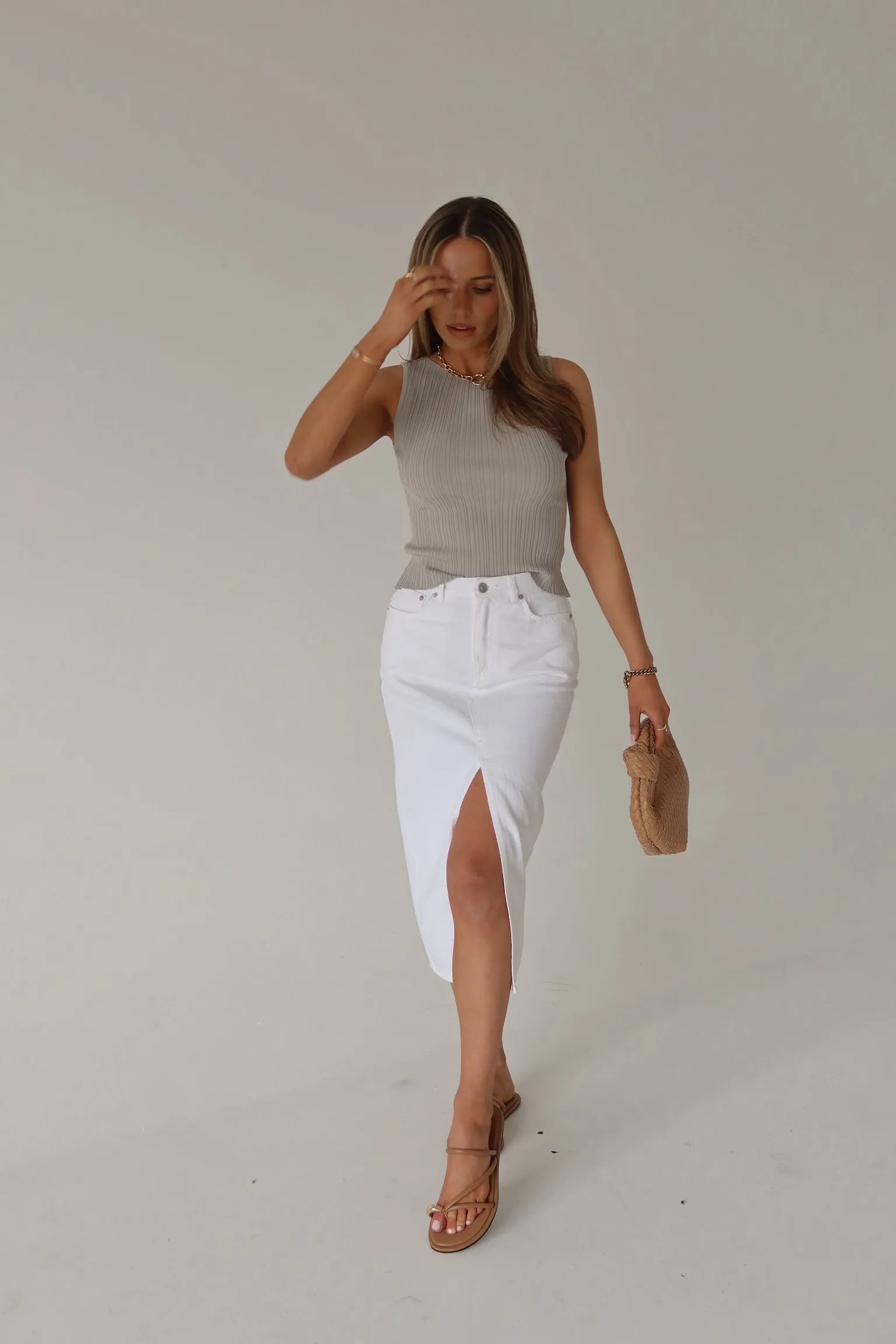 Lia Front Slit Denim Midi Skirt