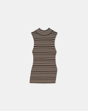 OdorResistant Technology Liezel - Fine Merino Rib Sleeveless Top - Black/Brown/Green Stripe