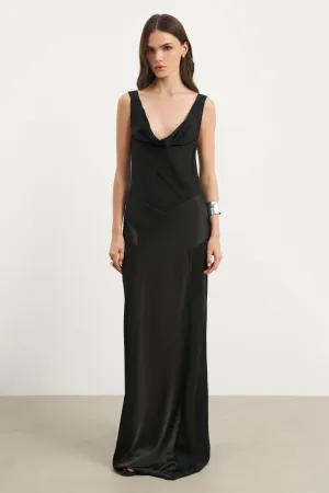 Effortless Touch Simple Texture Cowl Neck Satin Panel Gown - Black