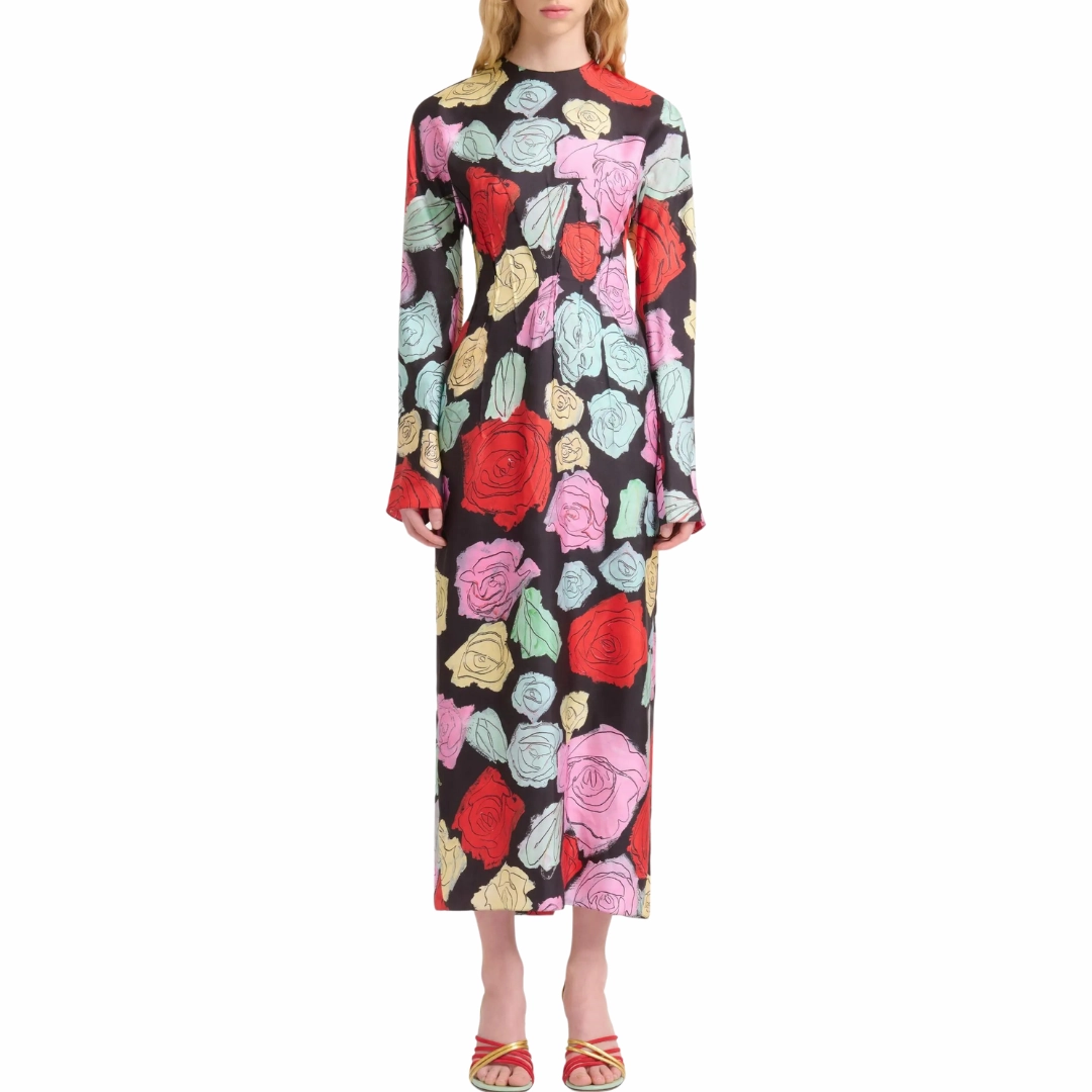 Refined Aesthetic Timeless Trend Silk Twill Floral Midi Dress