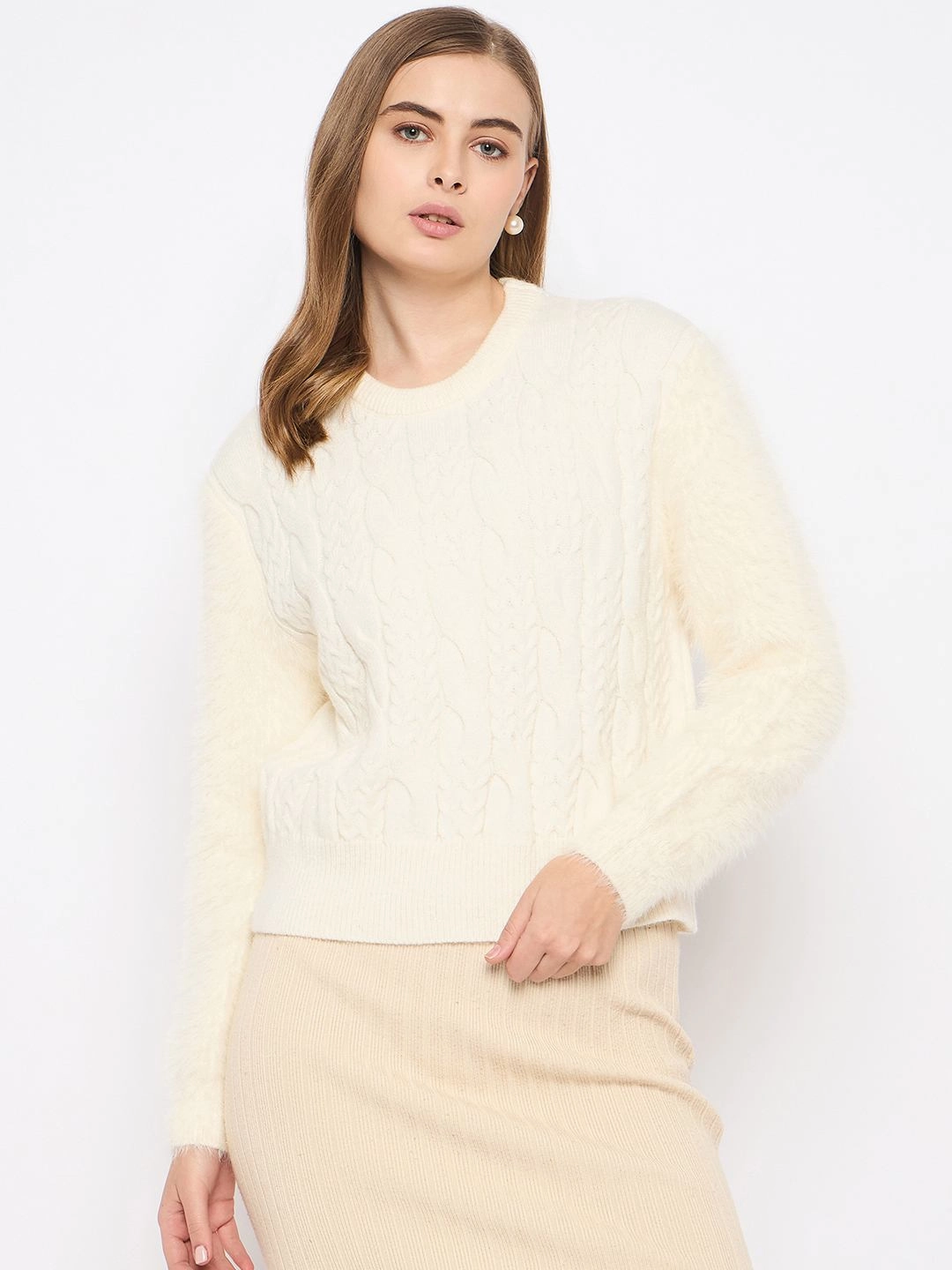 Madame Cable Knit Full Sleeve Off White Sweater Seasonal Wear