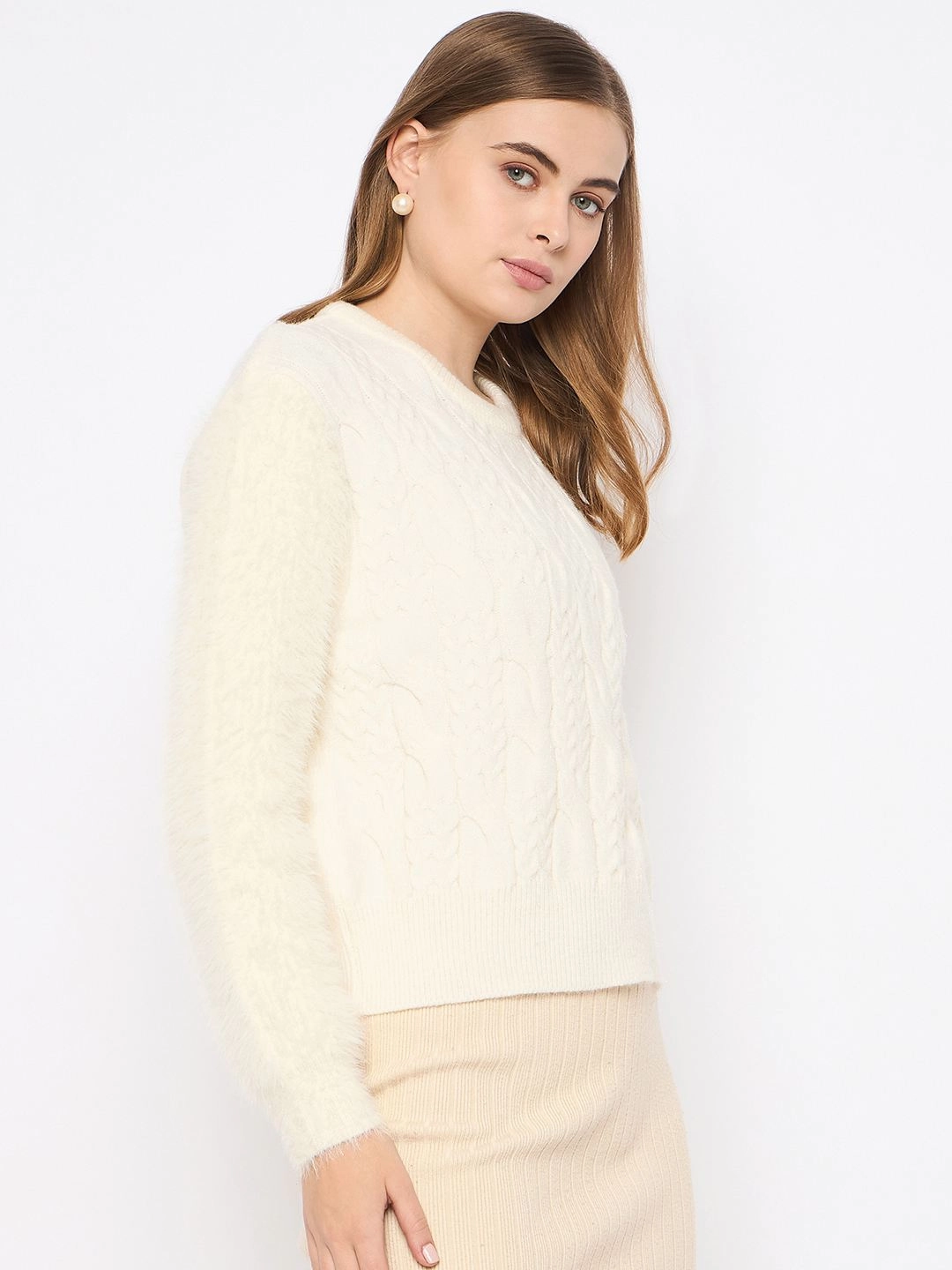 Madame Cable Knit Full Sleeve Off White Sweater Crew Neck Design Smart Wear